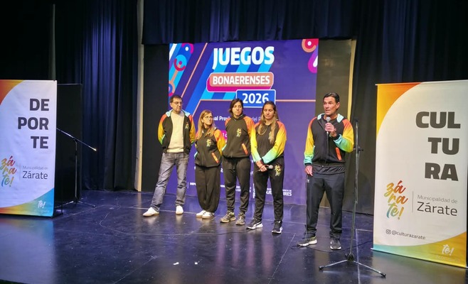 Delegación de Zárate durante la reunión informativa y entrega de indumentaria para los Juegos Bonaerenses 2026